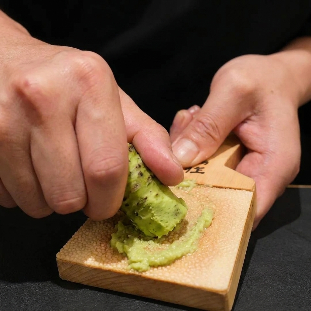 Racine de wasabi vert frais râpée avec un mouvement circulaire sur une râpe traditionnelle en bois.