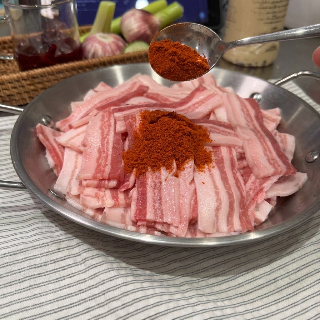 Gros plan sur une cuillère saupoudrant des épices rouges sur des tranches crues de poitrine de porc dans un bol en inox.