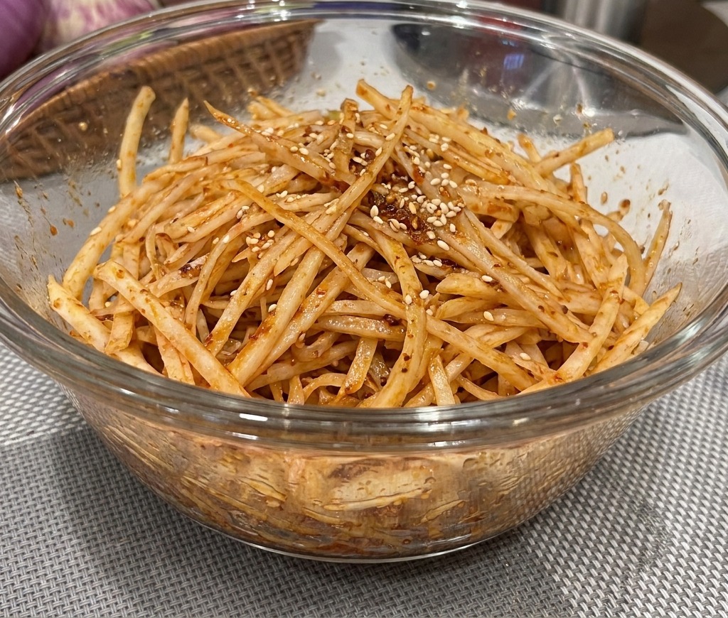 Salade de ciboule effilochée mélangée dans un bol, nappée dune vinaigrette rouge et parsemée de sésame.