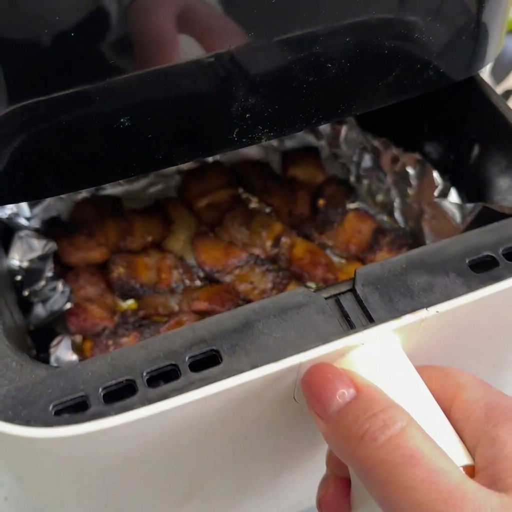 Une personne utilisant des baguettes pour retourner les tranches de porc brunies dans le panier du Air Fryer.