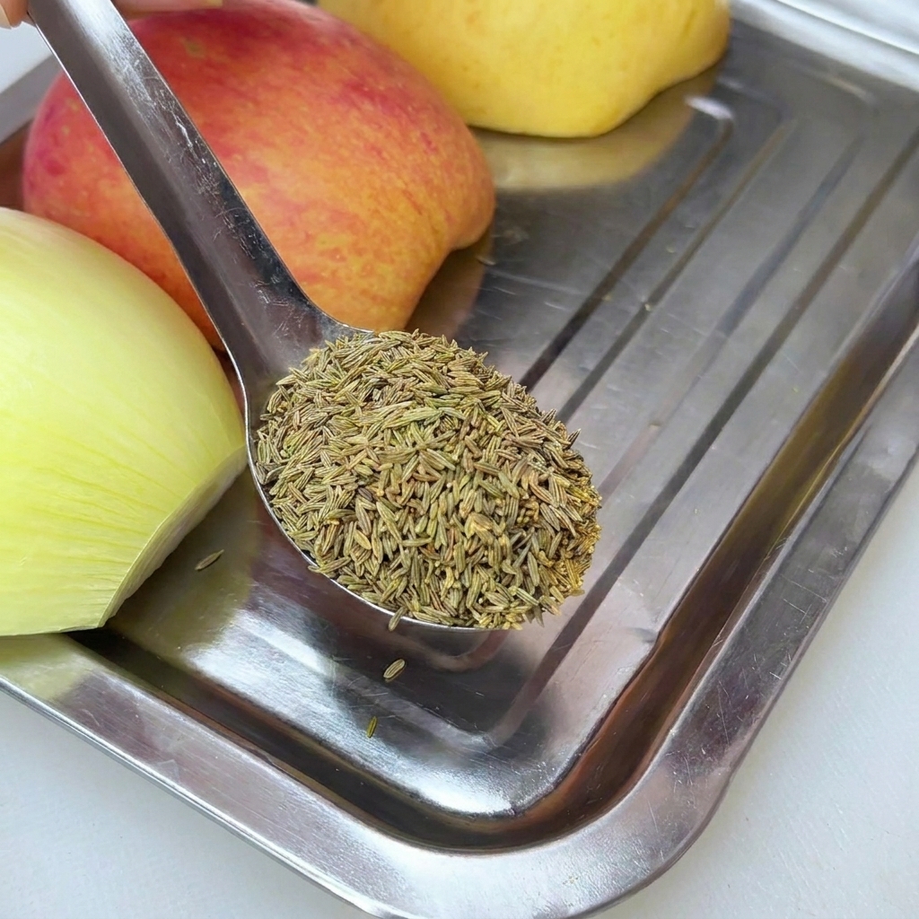 Une cuillère en métal remplie de graines de cumin entières, tenue au-dessus des fruits frais.