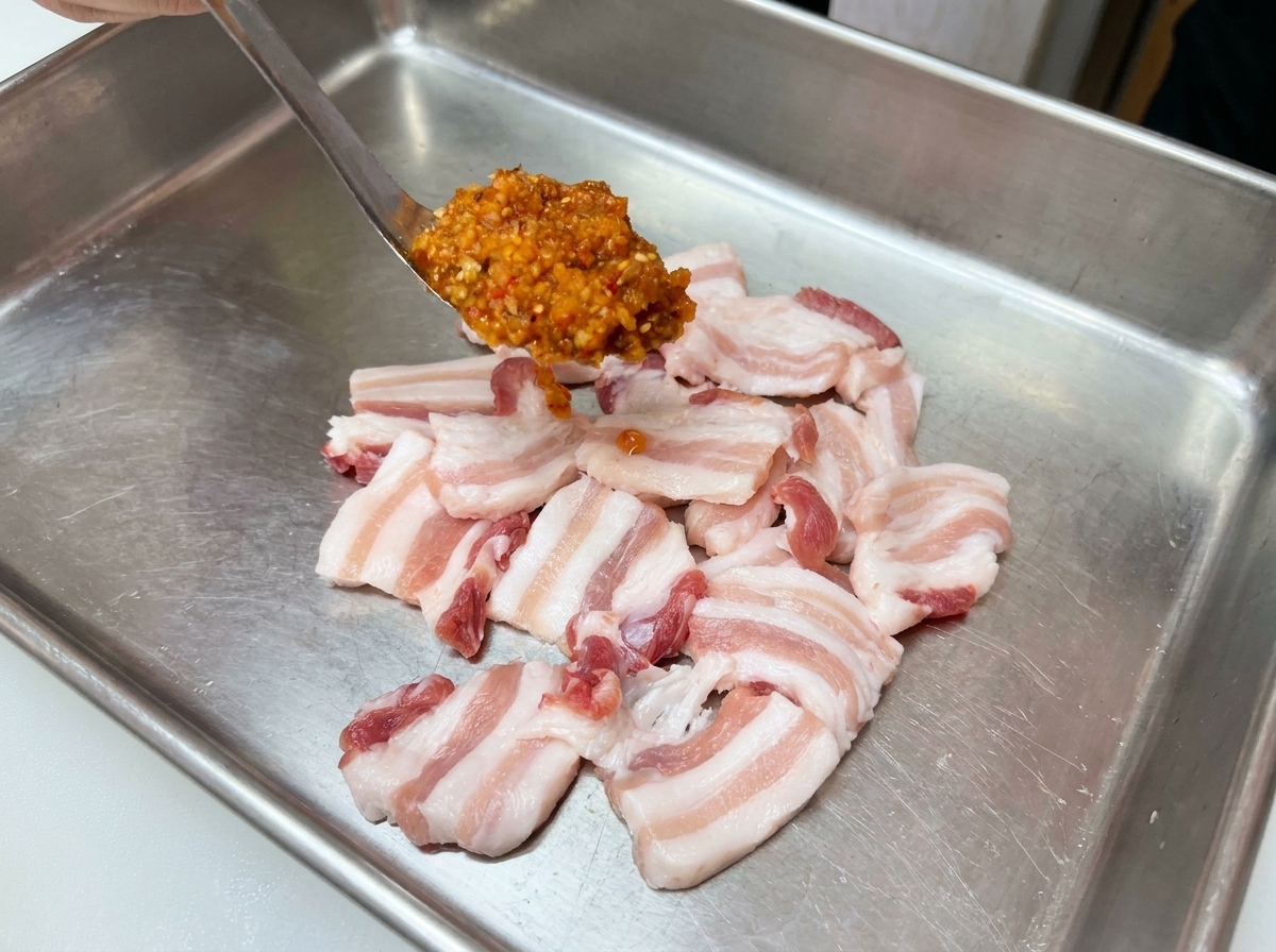 Une cuillère déposant une généreuse portion de marinade rouge sur des tranches de poitrine de porc crues.