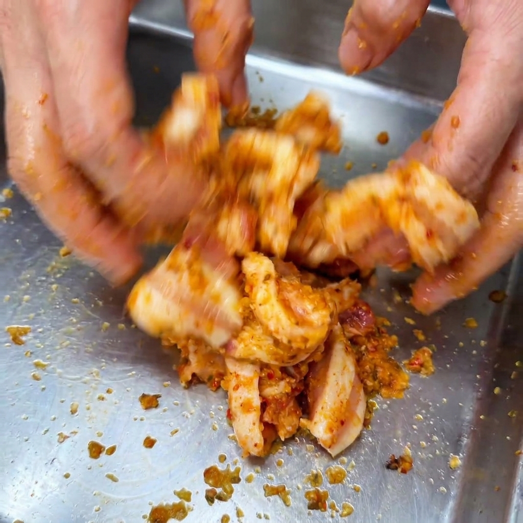 Mains mélangeant des tranches de poitrine de porc crues avec une marinade rouge dans un récipient en métal.