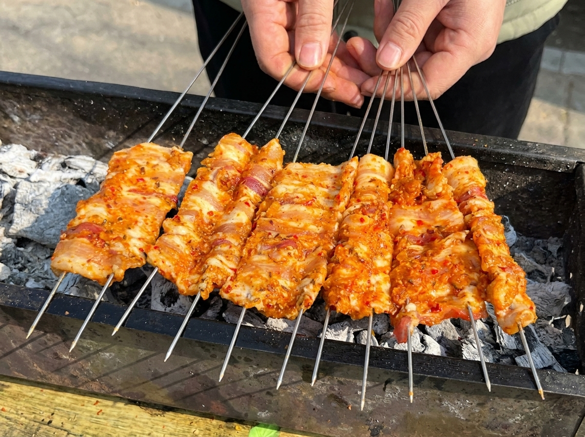 Plusieurs brochettes doubles de porc posées bien à plat sur un gril noir rempli de braises.