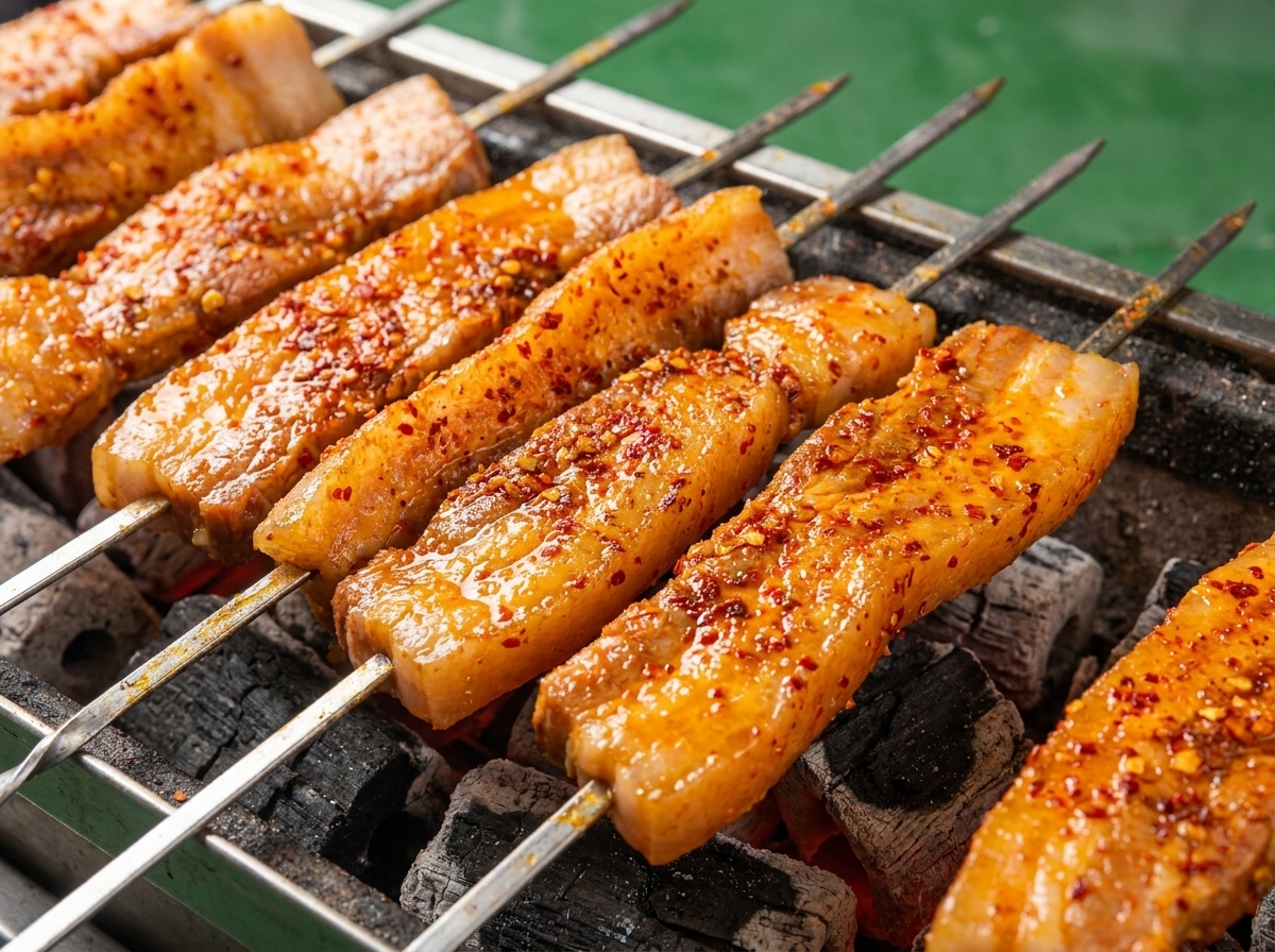 Brochettes de porc retournées sur la grille, montrant une viande dorée et un gras fondant au-dessus des charbons ardents.