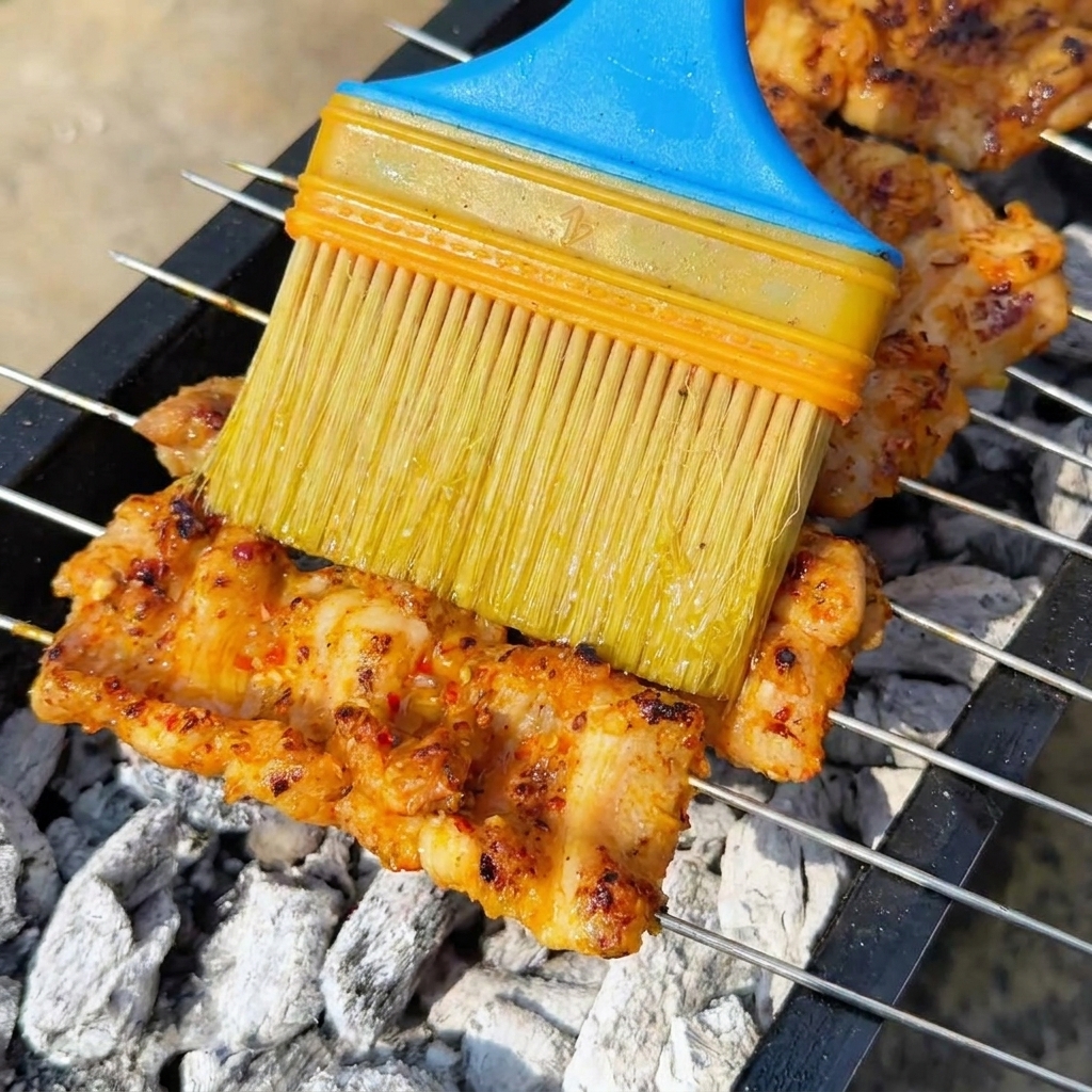 Un pinceau bleu à poils jaunes appliquant un filet dhuile sur les brochettes crépitantes au-dessus des cendres blanches.