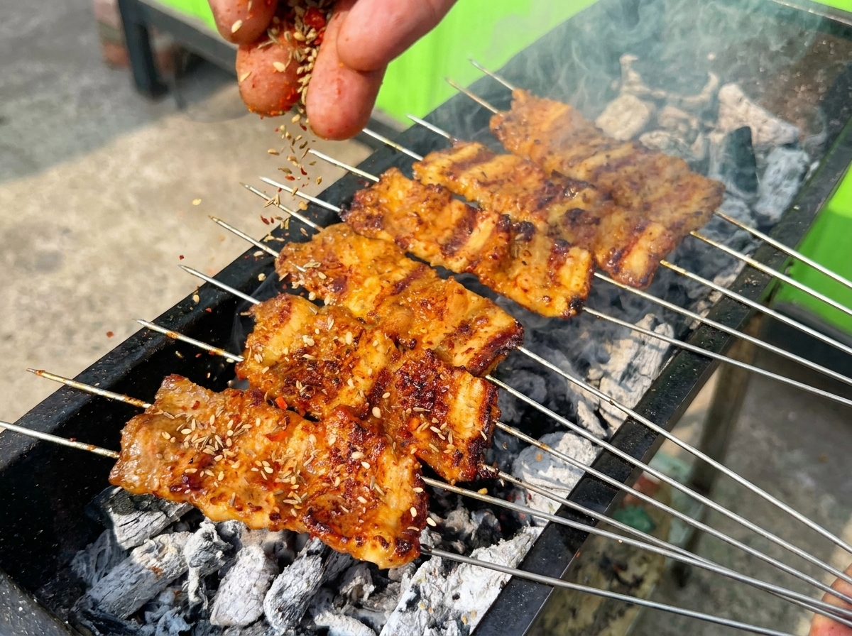 Une main saupoudrant un mélange de graines et de flocons de piment sur les brochettes de porc grillées et fumantes.