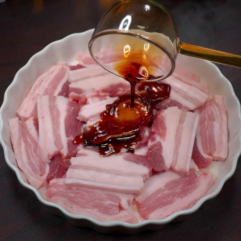 Assaisonnement liquide foncé versé sur des tranches de poitrine de porc crue à laide dune louche en verre.