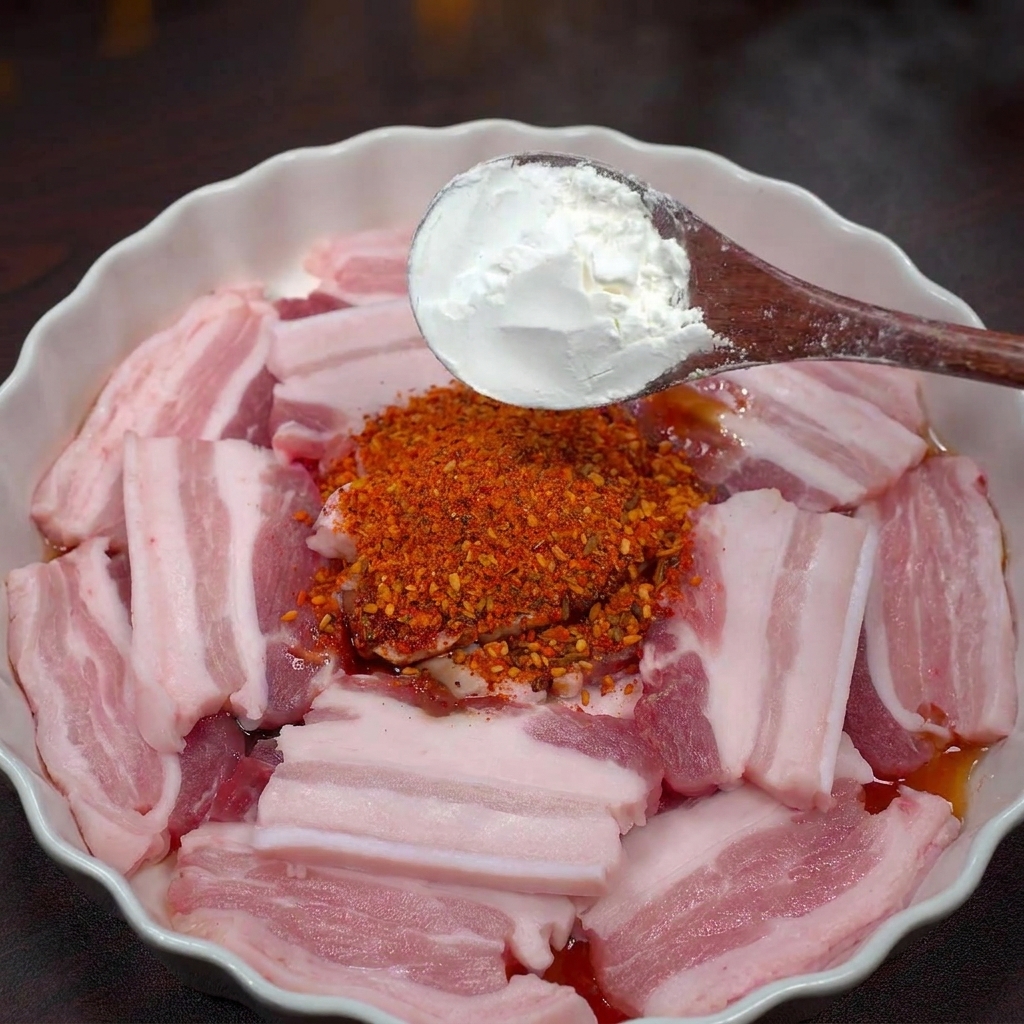 Cuillère en bois ajoutant un petit monticule de fécule de maïs sur de la poitrine de porc assaisonnée dépices rouges.