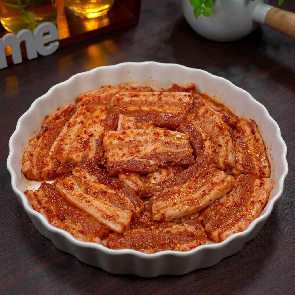 Tranches de porc marinées et bien enrobées de sauce rouge, soigneusement disposées dans un bol blanc.