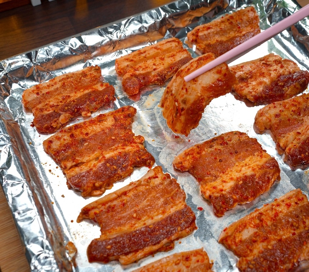 Tranches de poitrine de porc marinées disposées à plat sur une plaque recouverte de papier aluminium à laide de baguettes roses.