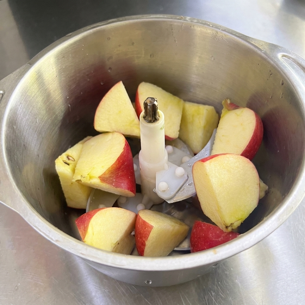 Un blender en inox rempli de gros morceaux de pommes rouges, de poires et doignon blanc.
