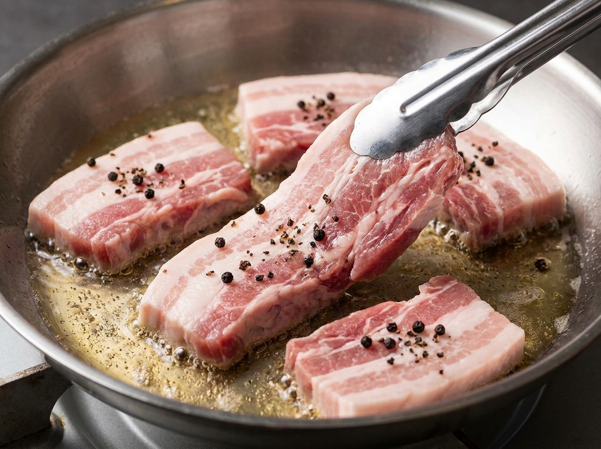 Des pinces posant des tranches de porc assaisonnées sur une poêle grill noire bien chaude.