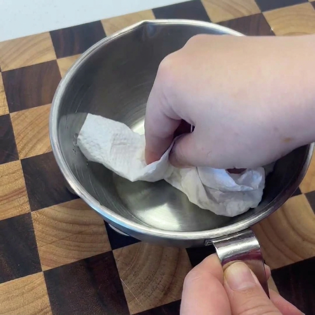 Une main utilisant un essuie-tout blanc pour presser et sécher des crevettes crues dans un bol en inox.