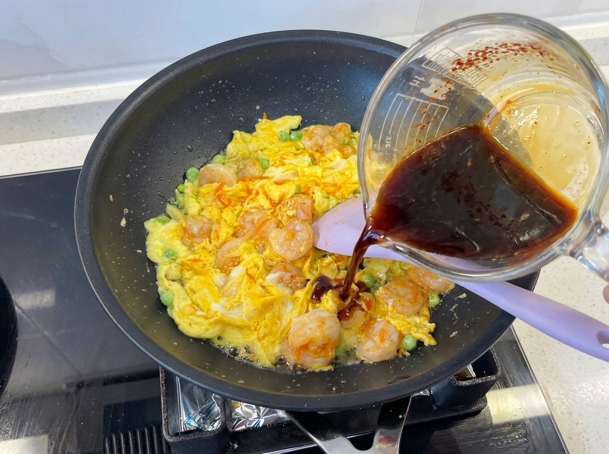 Un verre doseur versant une sauce sombre à base de soja sur les crevettes et les œufs dans une poêle.