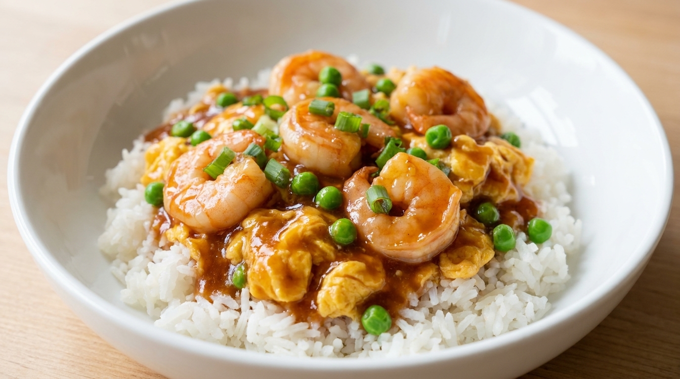 Bol de riz aux crevettes et œufs brouillés onctueux