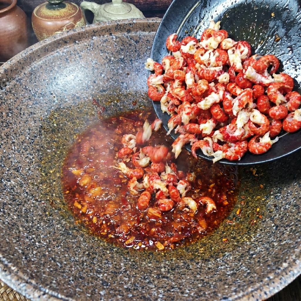 Chair décrevisses roses versée dans un wok contenant une sauce rouge épicée bouillonnante.
