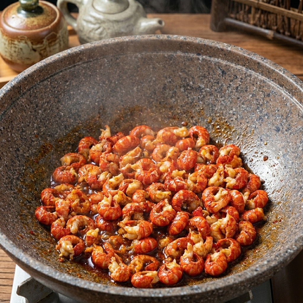 Queues décrevisses sautées assaisonnées de sauce soja et de sauce dhuître dans un wok.