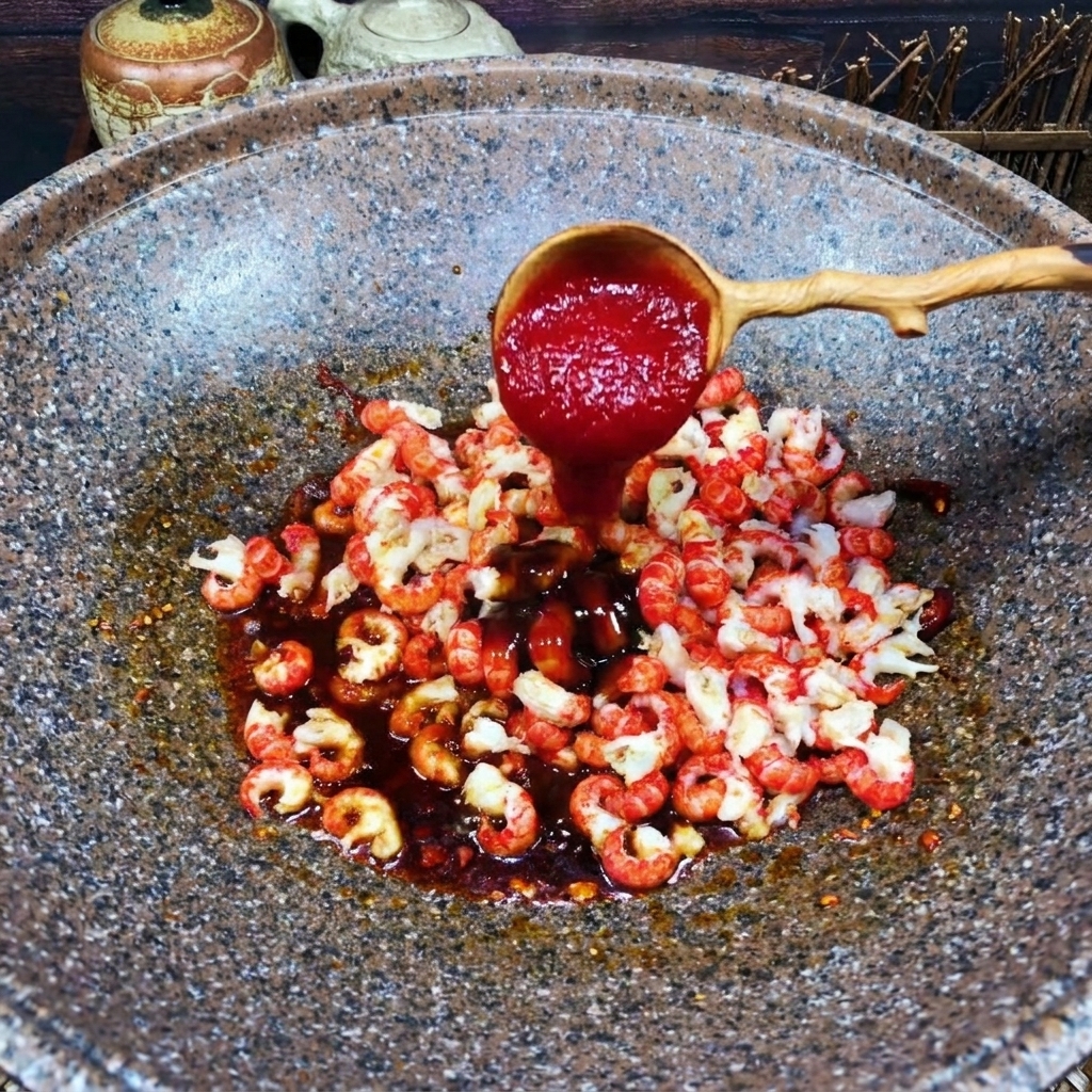 Cuillère en bois ajoutant du ketchup rouge vif aux écrevisses dans le wok.