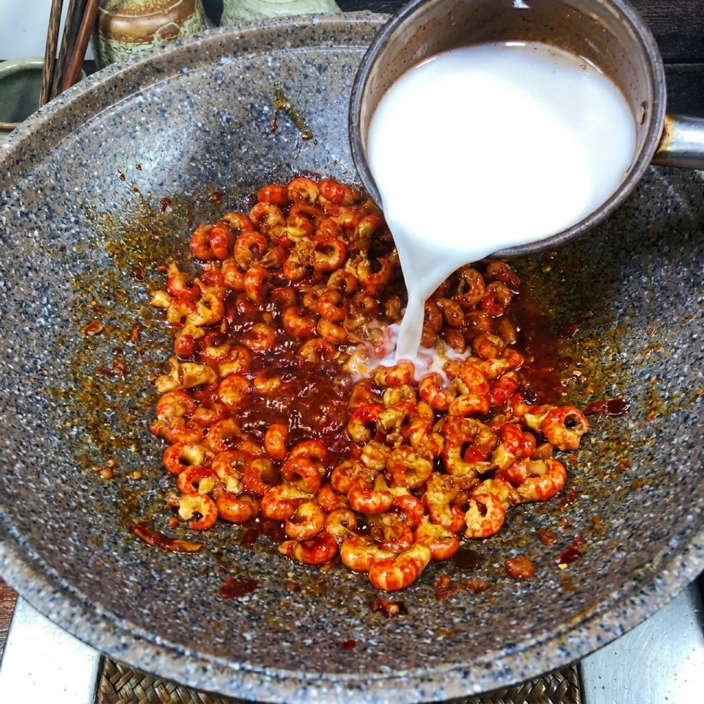 Fécule délayée versée dun petit bol dans le wok rempli décrevisses.