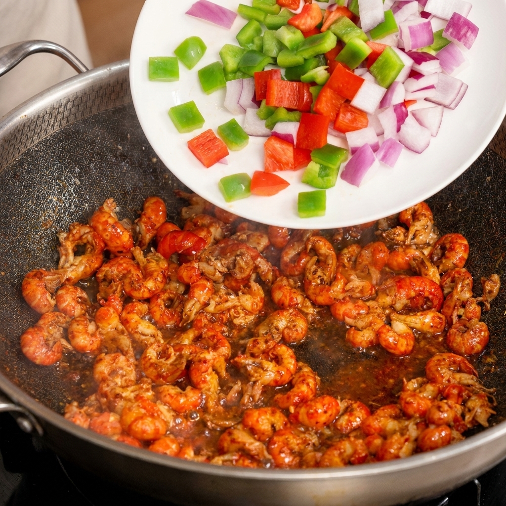 Mélange de poivrons colorés et doignons rouges versés dans un wok contenant les écrevisses cuites.