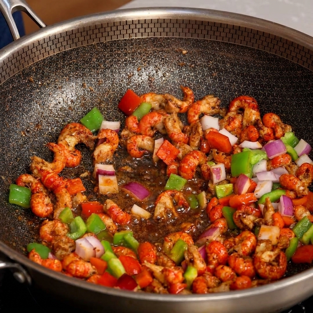 Vue rapprochée des écrevisses, poivrons et oignons dans un wok prêt à être assaisonné.