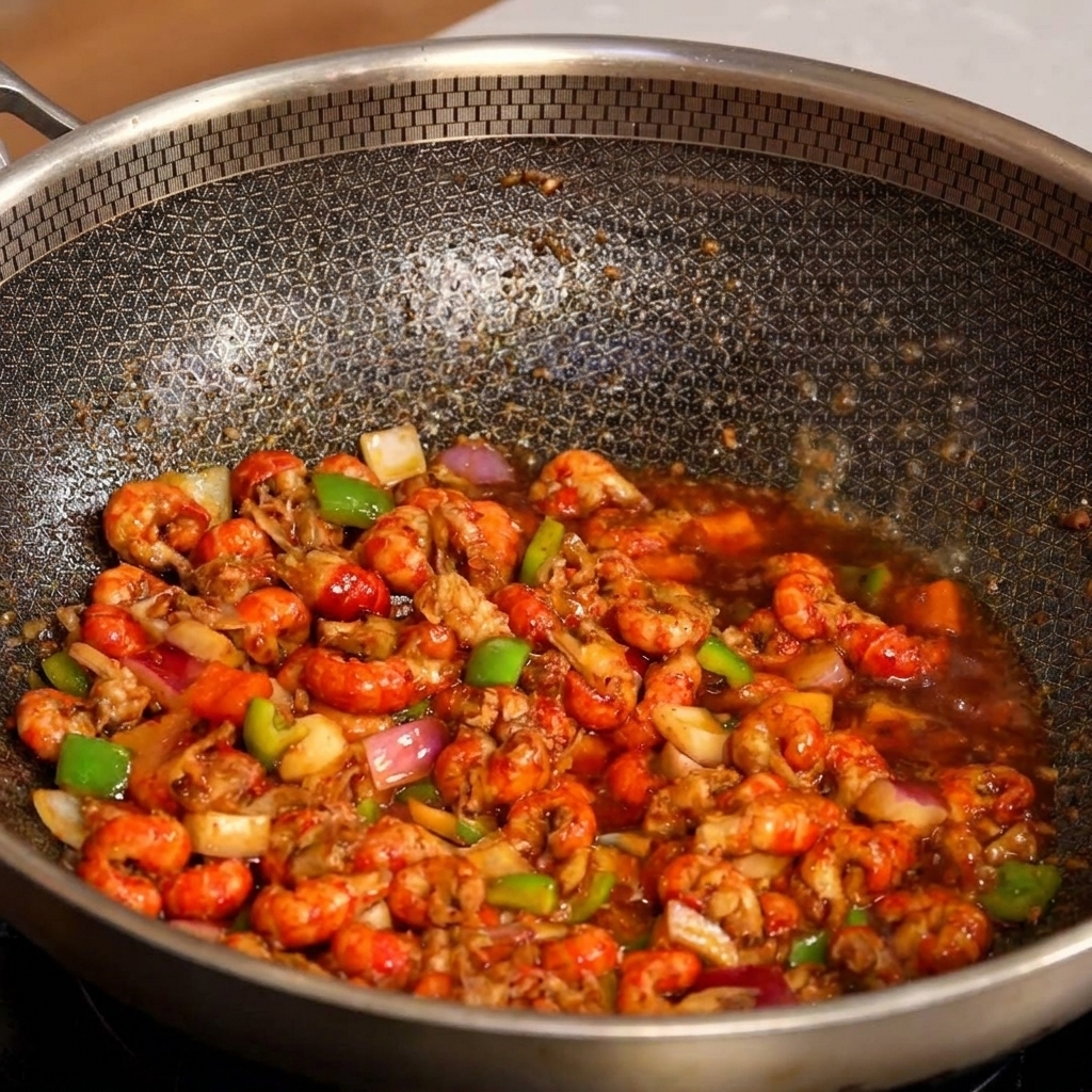 Vin de cuisine jaune versé sur les parois brûlantes du wok contenant le sauté décrevisses.