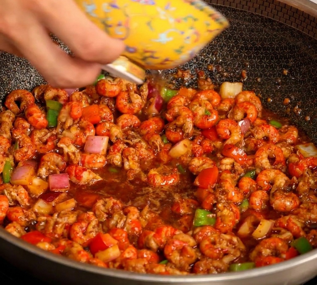 Un bol versant de leau dans un wok chaud rempli décrevisses, de poivrons et doignons assaisonnés.