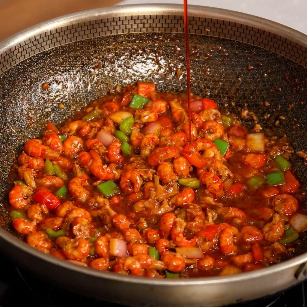 Un filet dhuile pimentée rouge éclatant versé sur les écrevisses et les légumes dans le wok.