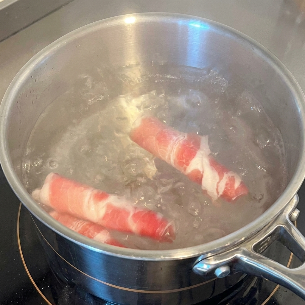 Tranches de bœuf fines plongées dans une casserole deau bouillante pour les blanchir.