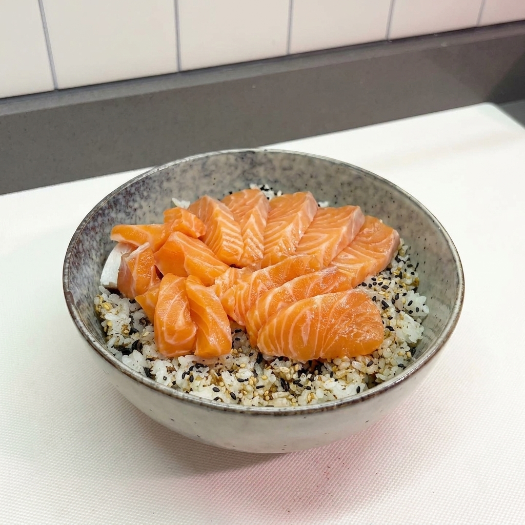 Bol de riz blanc parsemé de sésame et de furikake, surmonté de tranches de saumon cru orangé.