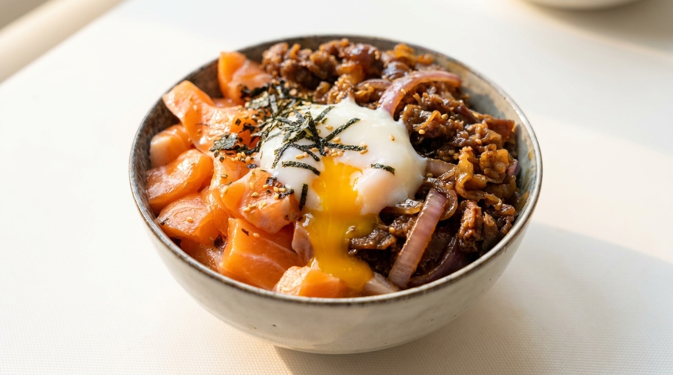 Donburi au Saumon et Bœuf avec Œuf Onsen