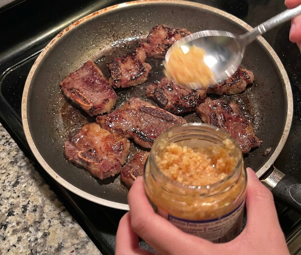 Une cuillère en métal déposant de lail haché dans une poêle remplie de travers de bœuf saisis.