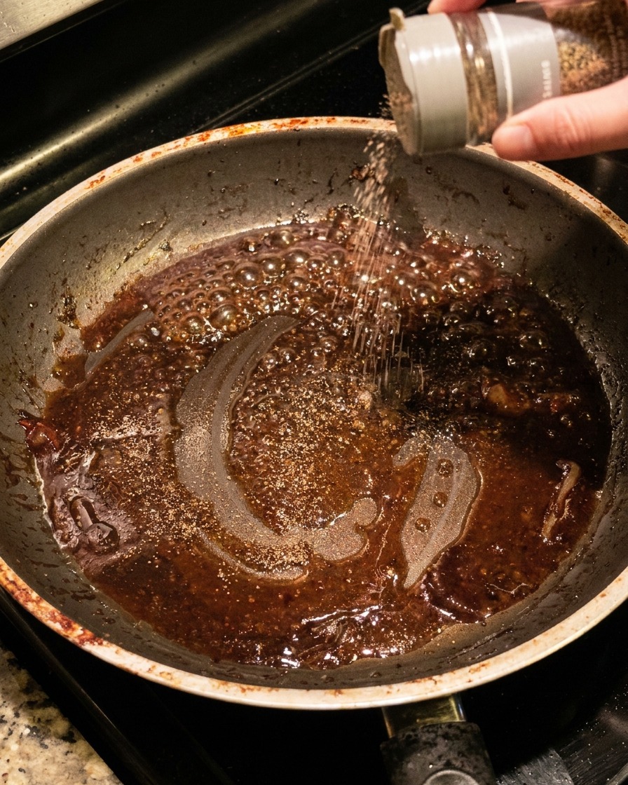 Poivre noir moulu directement dans une sauce sombre bouillonnante en cours de réduction dans une poêle.