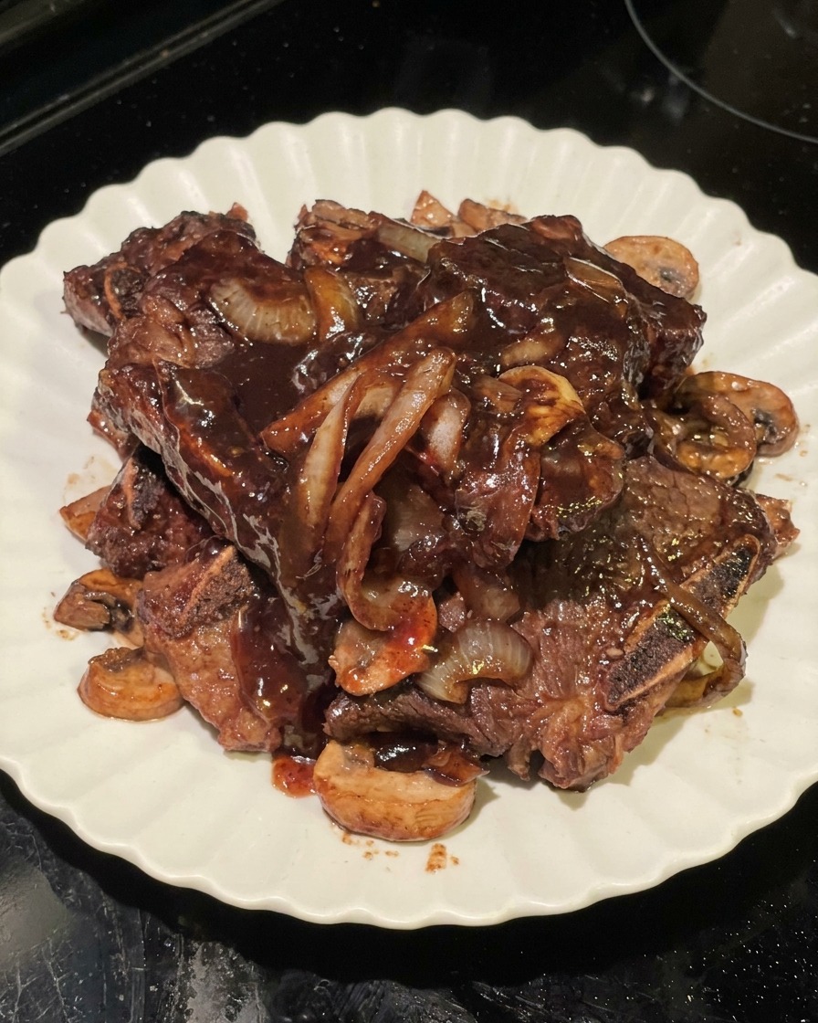 Travers de bœuf coréens avec champignons et oignons sur une assiette blanche, nappés dune sauce sombre et riche.