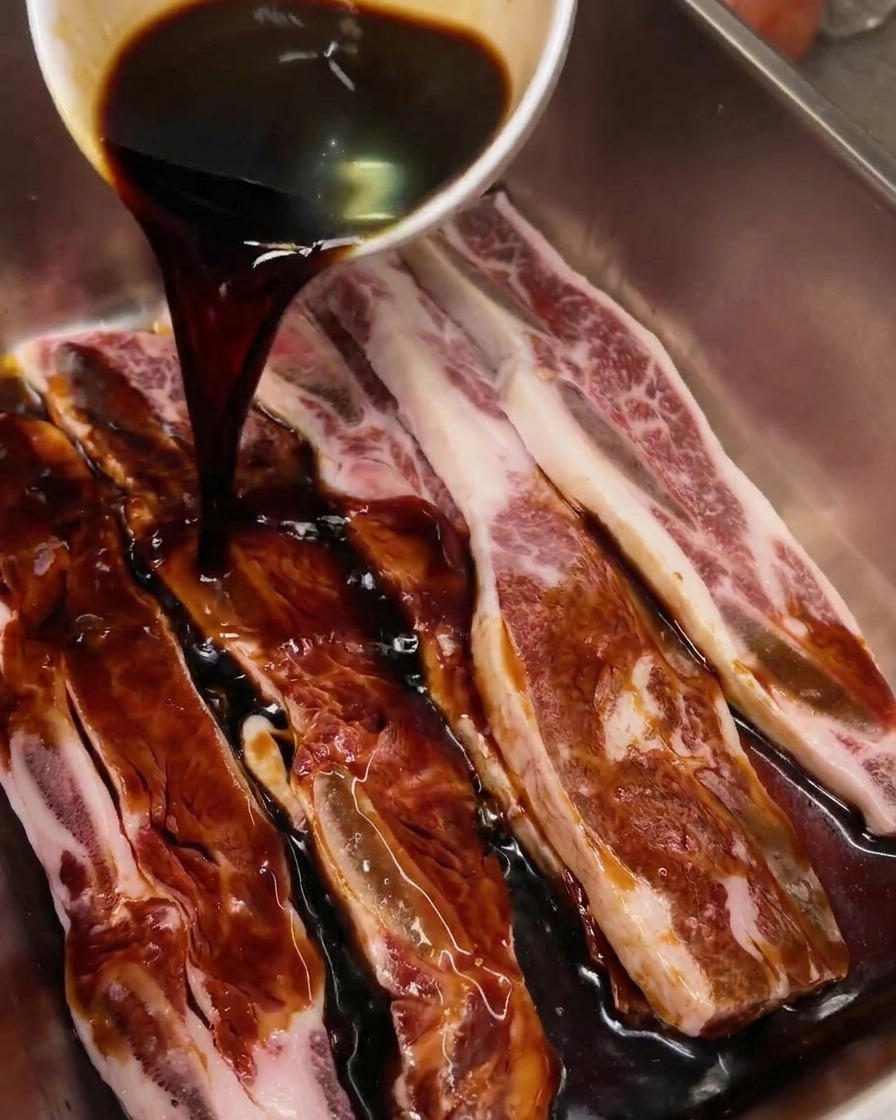 Sauce soja sombre versée depuis un bol en céramique sur des travers de bœuf crus.