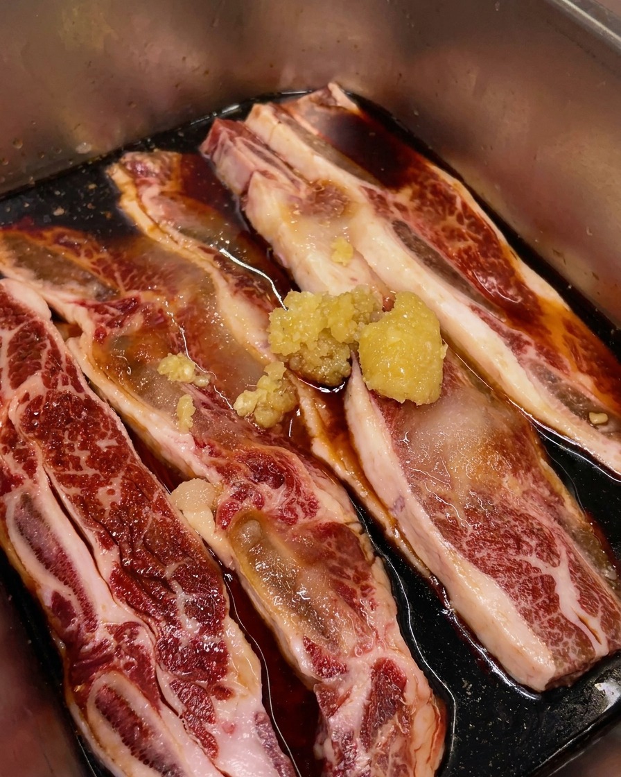 Oignons verts émincés et gingembre haché ajoutés au récipient de marinade.