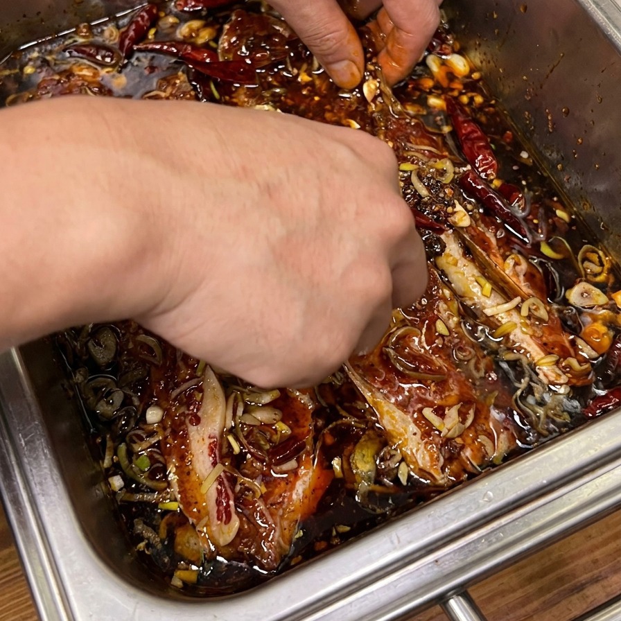 Mains mélangeant activement les travers de bœuf dans la marinade sombre aux oignons verts.