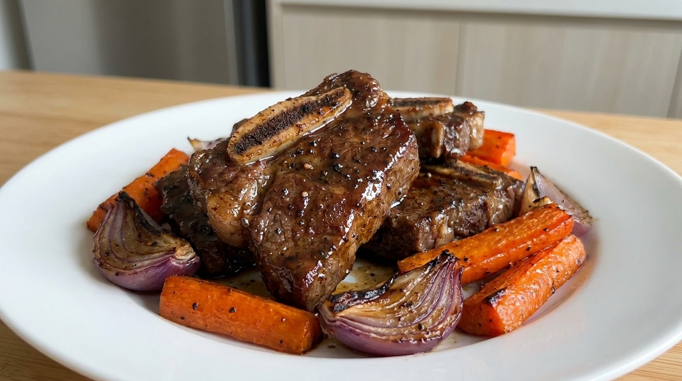 Travers de bœuf laqués au poivre noir servis avec des carottes rôties et des oignons rouges caramélisés.