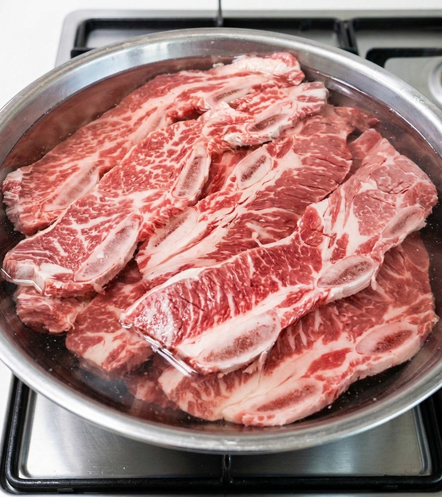 Vue de dessus dun bol contenant le bœuf immergé dans un mélange deau et de mirin posé sur un plan de travail.