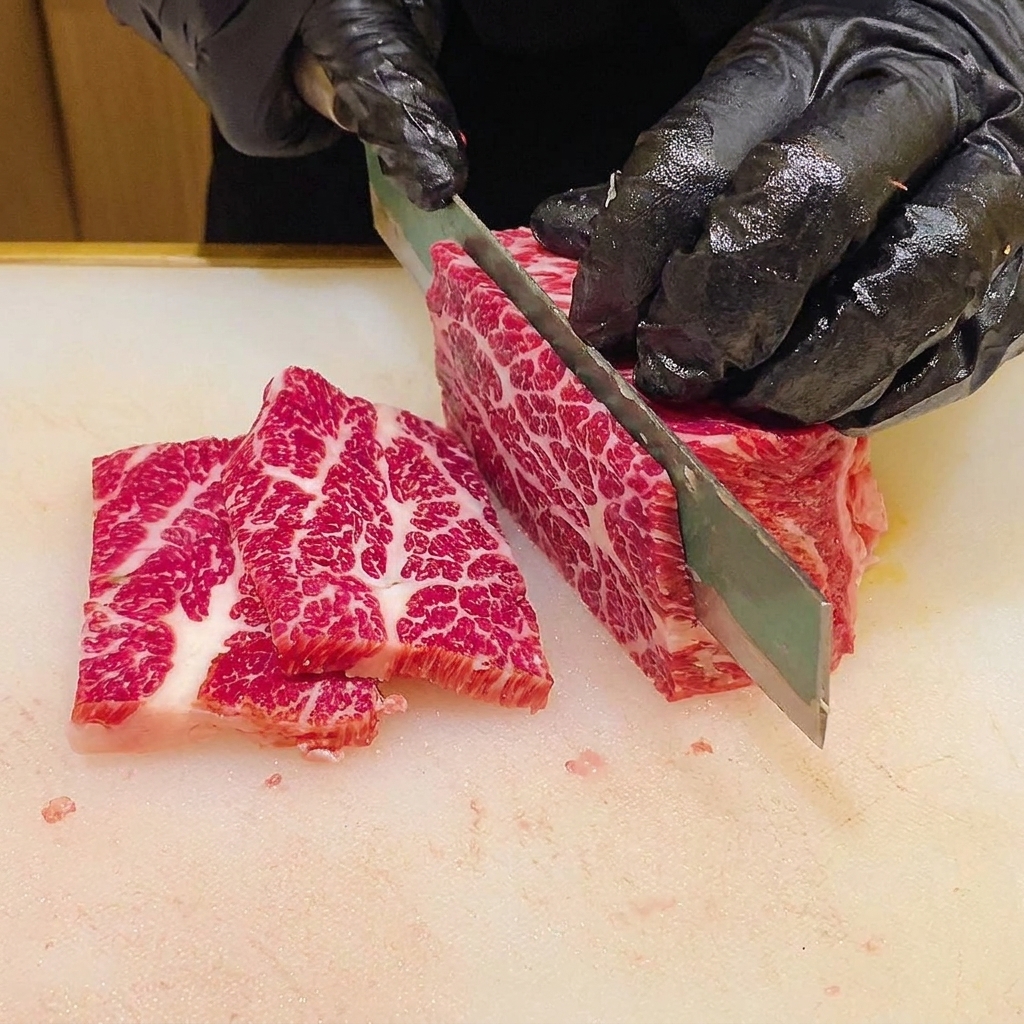 Gros plan dun couteau tranchant découpant un bloc de bœuf persillé sur une planche à découper blanche pour créer des tranches fines.