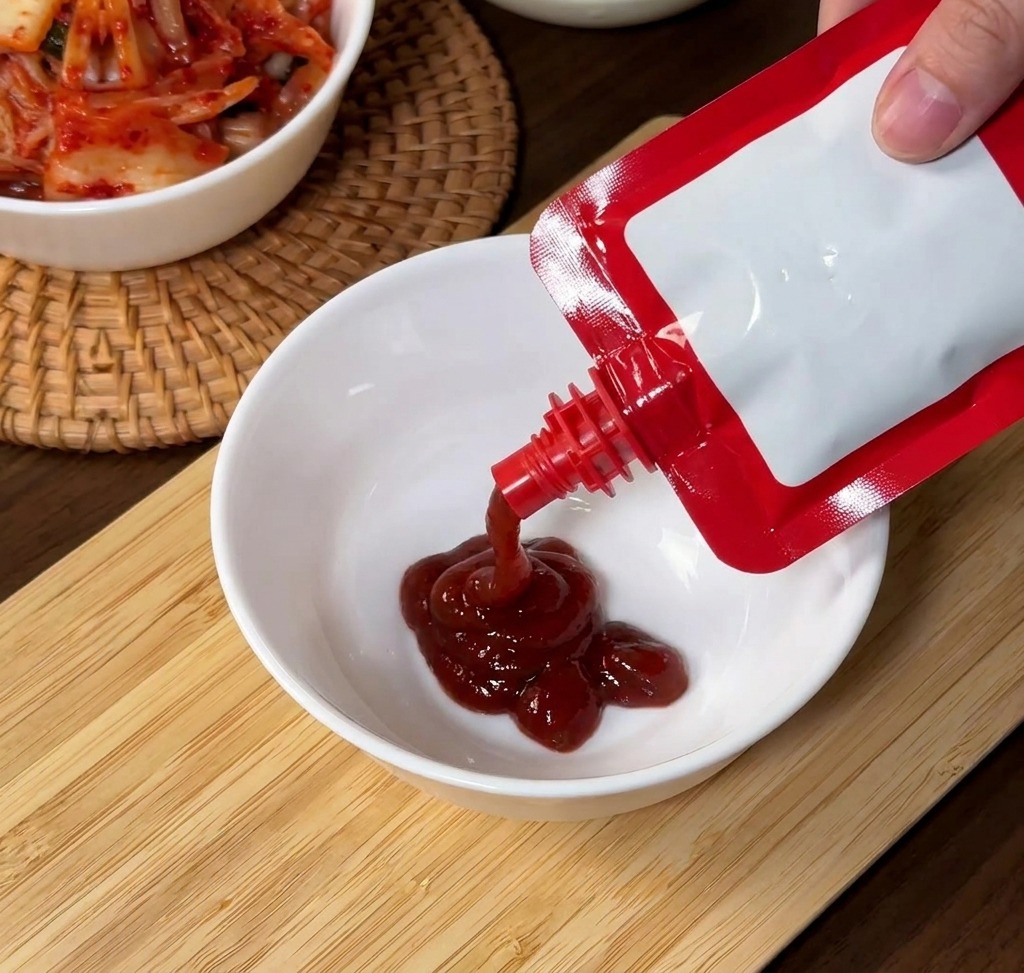 Versement de la pâte de piment coréenne rouge vif dans un petit bol en céramique blanche.