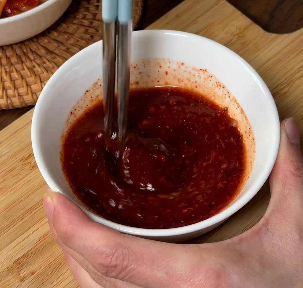 Une paire de baguettes mélangeant une sauce rouge foncée dans un bol blanc.