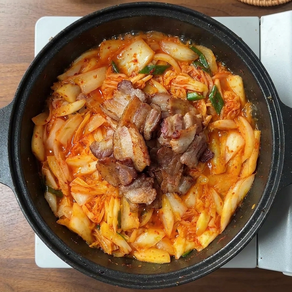 Tranches de porc dorées posées sur le mélange de kimchi et doignons sautés.