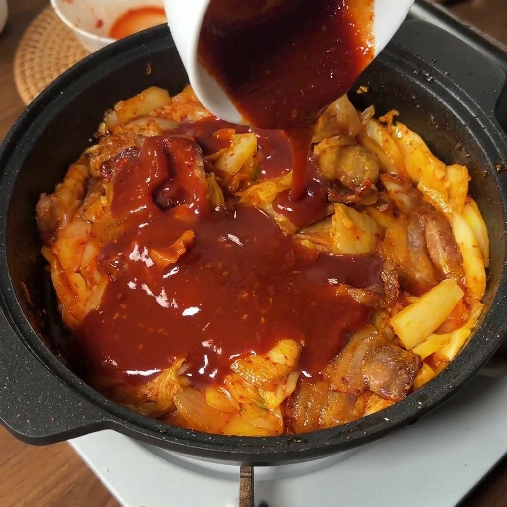 Sauce rouge coréenne épaisse versée sur le porc et le kimchi dans la poêle.