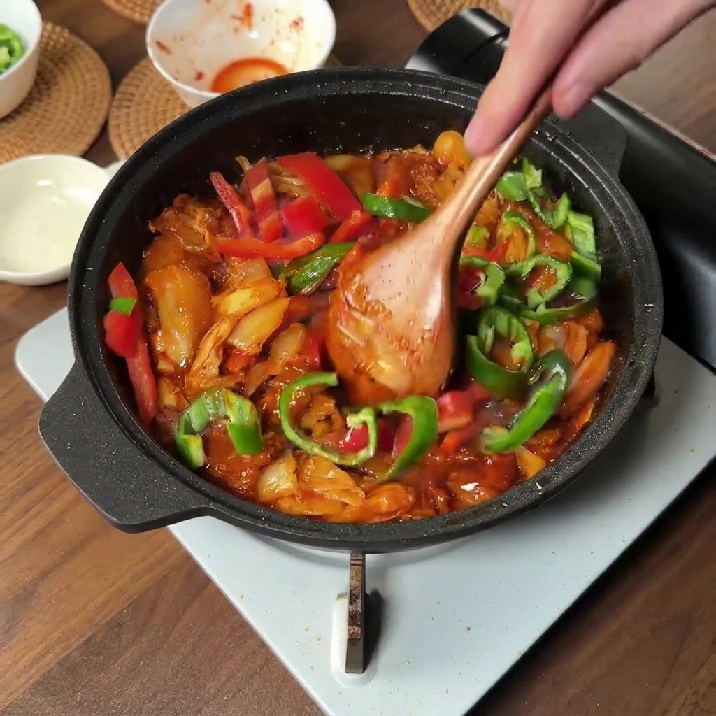 Lamelles de piment vert et rouge ajoutées à la poêlée de porc et kimchi.