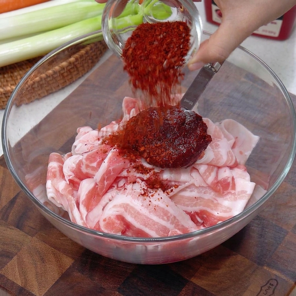Gros plan sur lajout de pâte de piment et daromates sur de fines tranches de porc frais dans un bol.