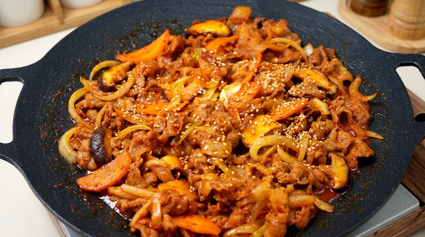 Une poêle grésillante de poitrine de porc nappée dune sauce rouge onctueuse et parsemée de graines de sésame.