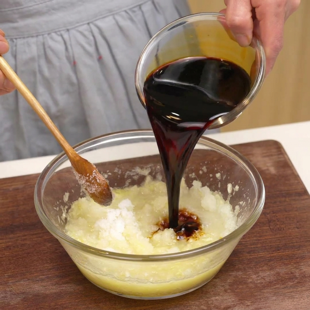 Une main verse de la sauce soja sombre dun bol en verre vers un plus grand récipient contenant la pulpe de fruit et du sucre.