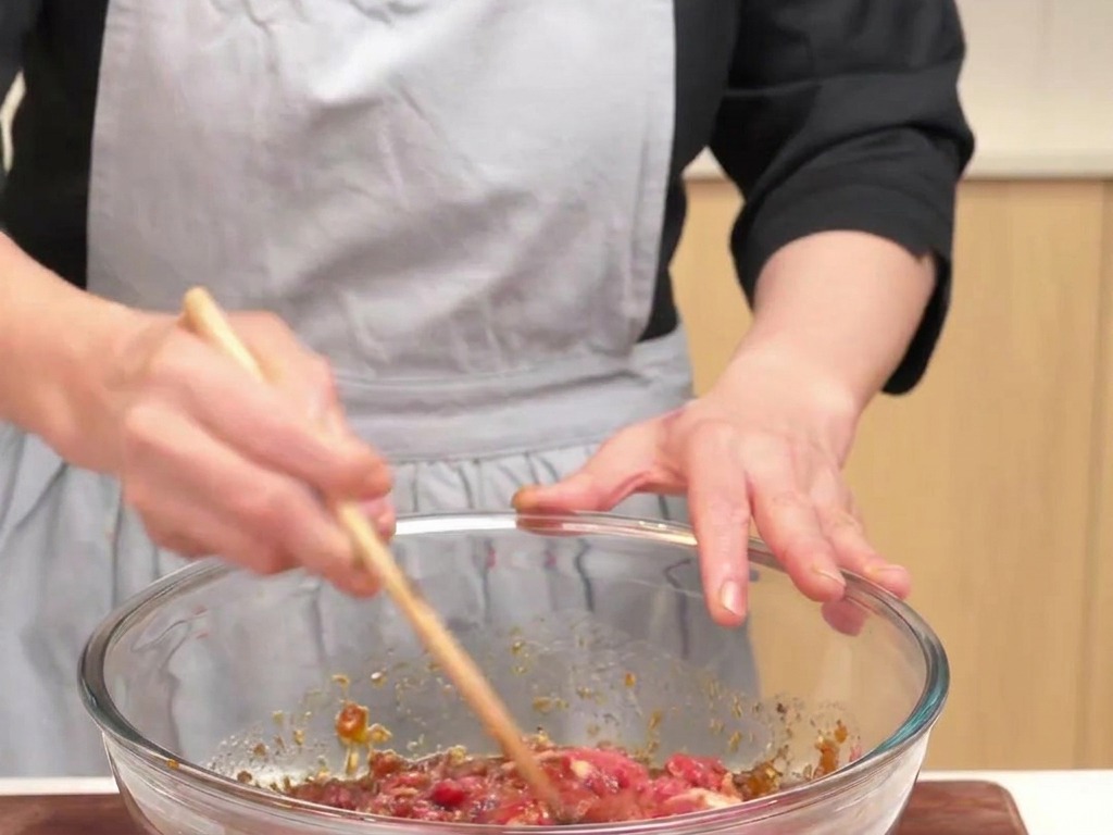 Une personne utilise une cuillère en bois pour mélanger le bœuf cru et la marinade sombre dans un grand bol.